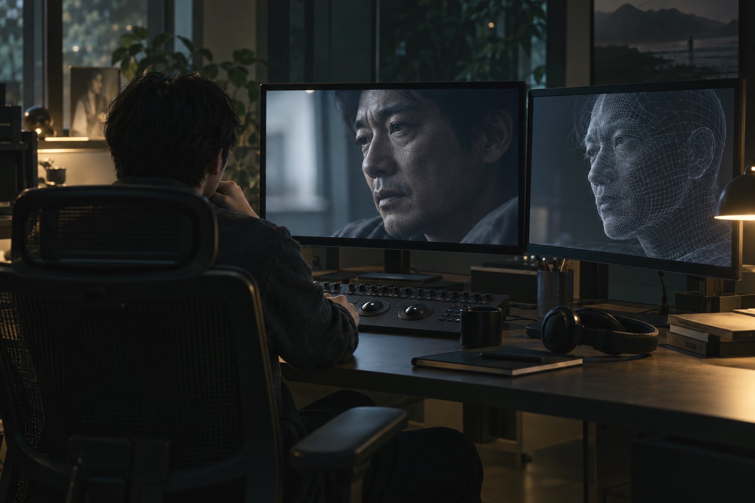 剪辑师对照观看人物表情与面部线框图,呈现技术处理与表演情绪关系的概念画面