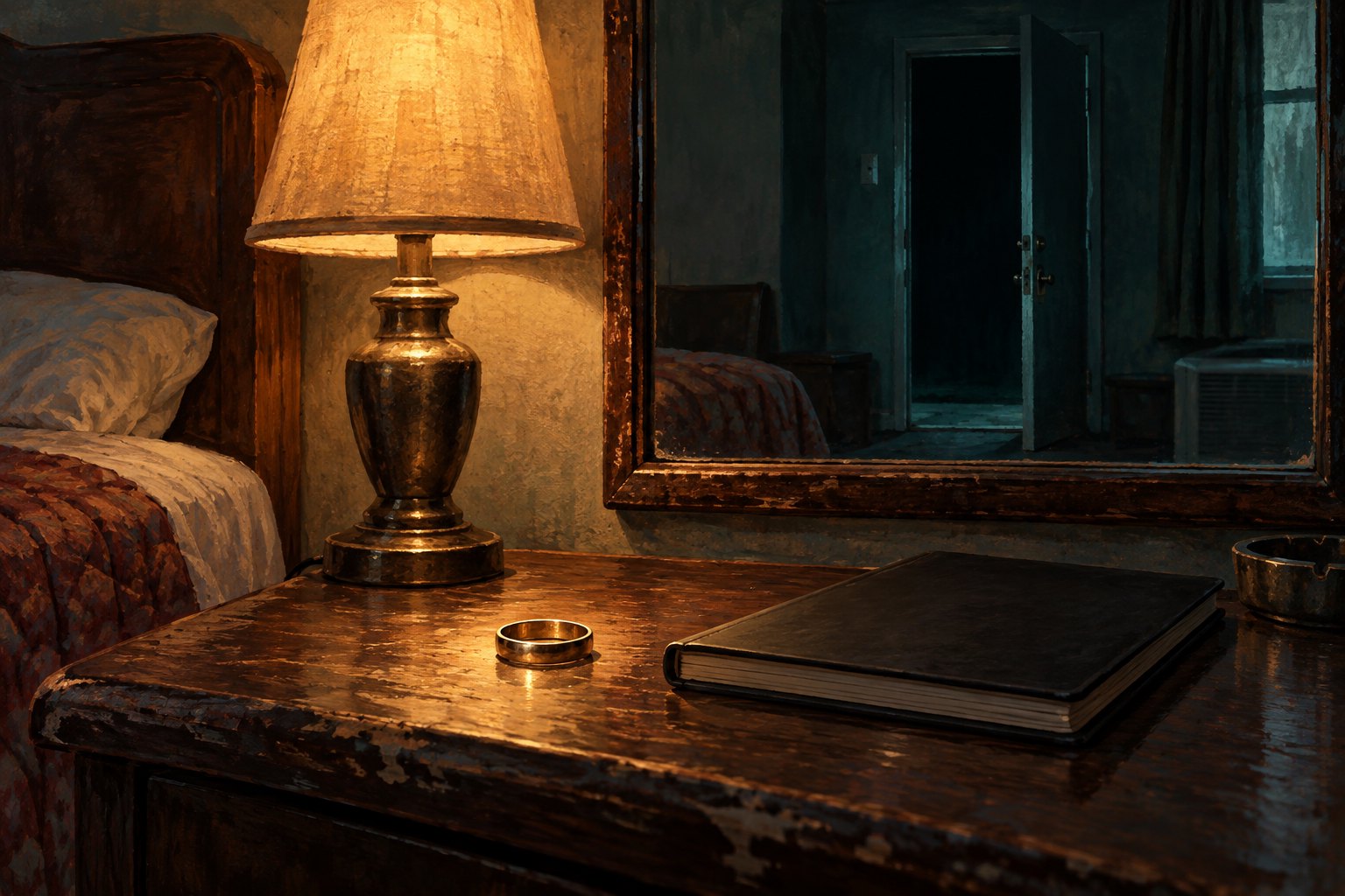 Conceptual illustration of a wedding ring and closed notebook beside a motel lamp, with an empty doorway reflected in a mirror.