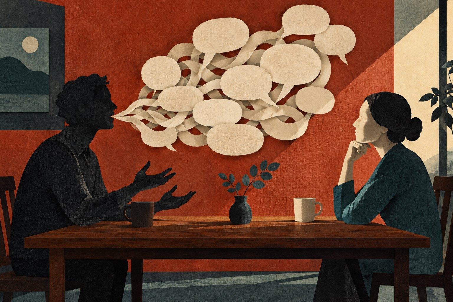 Conceptual paper collage of two people across a table, with overlapping blank speech bubbles surrounding the speaker.