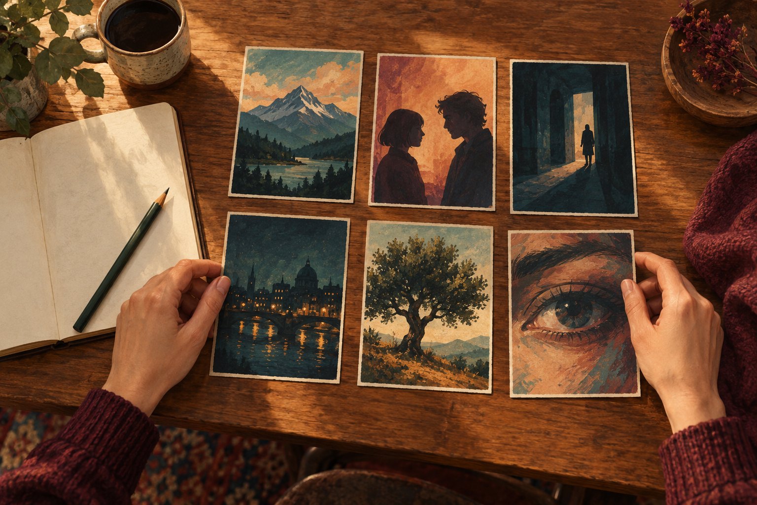 An overhead illustration shows hands arranging six cinematic picture cards beside a blank notebook and pencil.