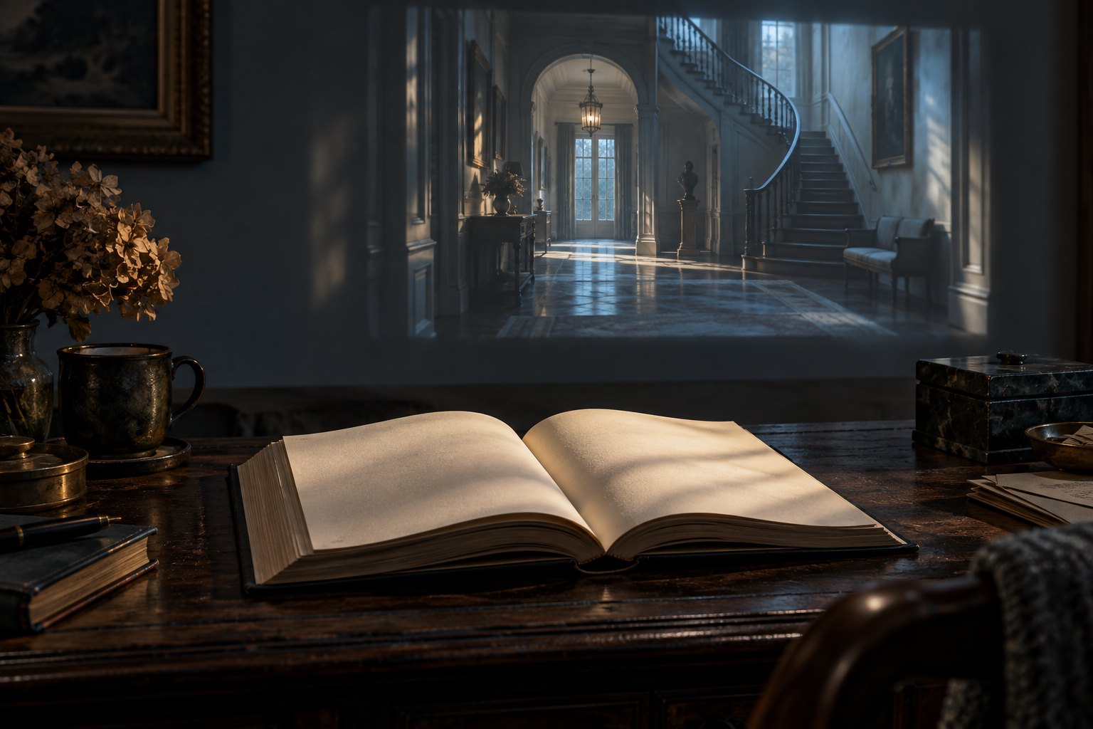 An open book on a dark writing desk faces a projected image of an empty hallway.