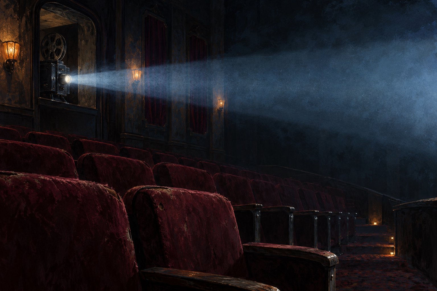 Conceptual illustration of a projector beam crossing an empty cinema above rows of worn burgundy seats.
