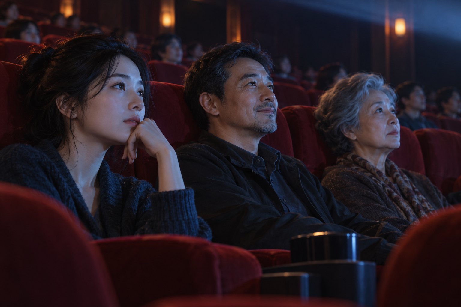 不同年龄的观众坐在深红色影院座椅上,银幕光映出各自专注神情的主题插画