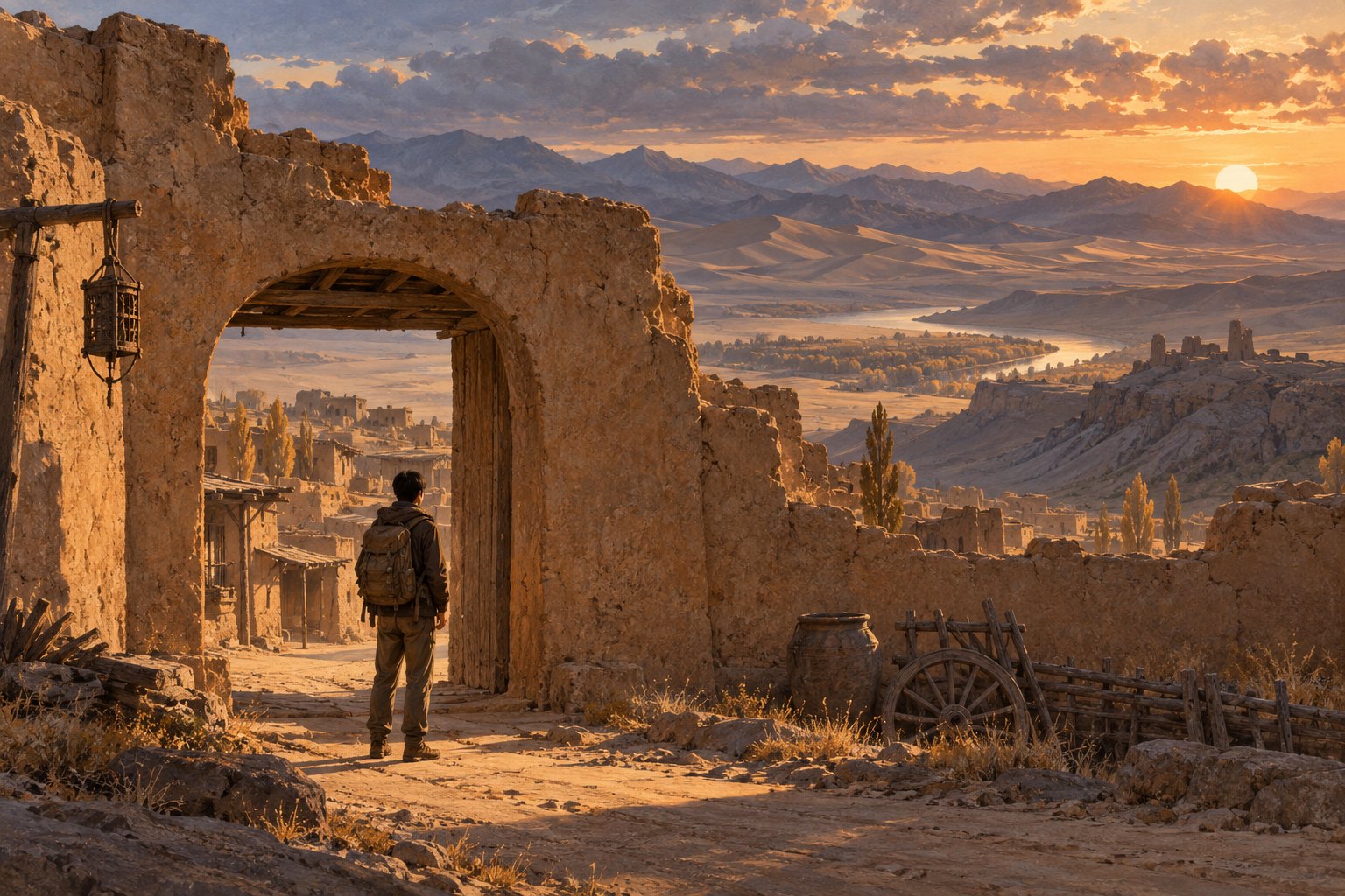 宁夏影视漫游意象插画：背包旅人站在夕阳下的夯土门洞前，远处铺展着山地与沙色原野，并非景区实景