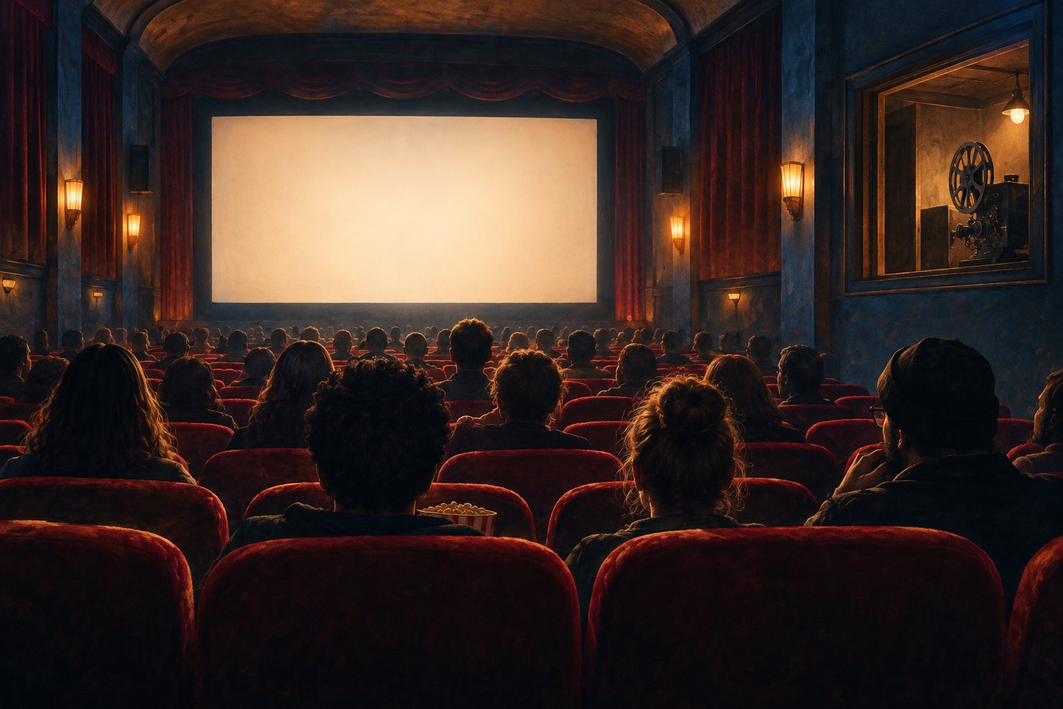 Illustration of an audience in red cinema seats facing a blank illuminated screen beside a projection booth.