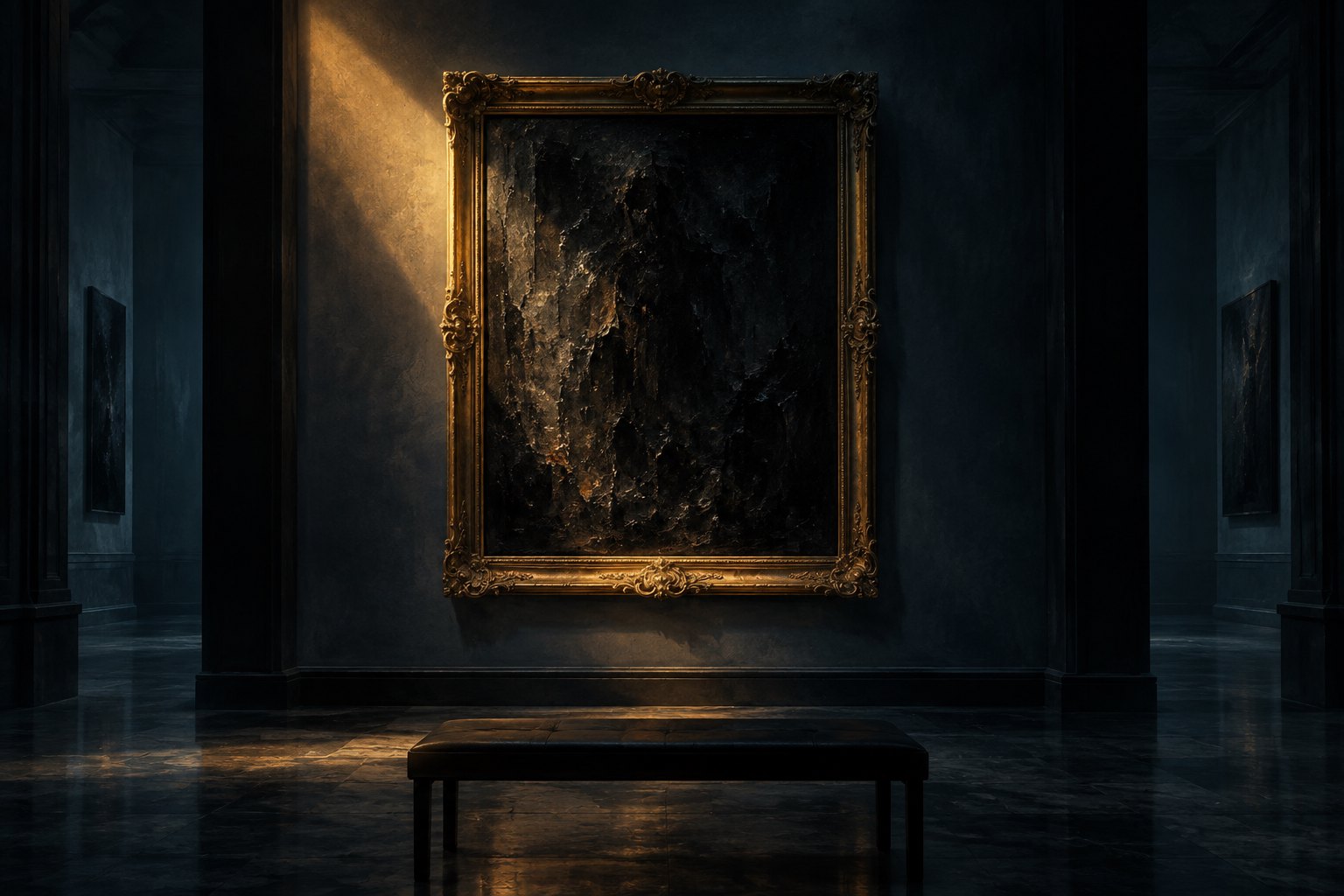 Conceptual illustration of a dark canvas in an antique frame illuminated by a narrow beam of amber light.
