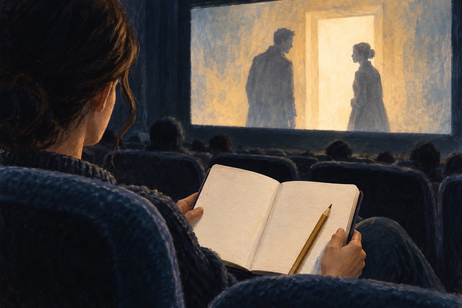 Conceptual illustration of a cinema viewer holding a blank notebook while two fictional silhouettes appear on the screen.