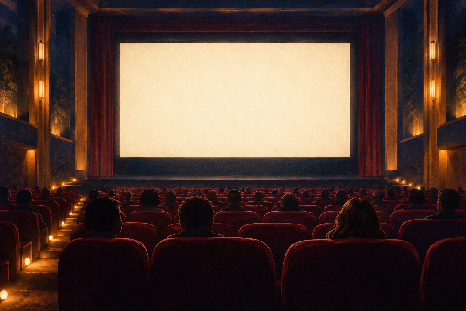 An illustrated audience sits in burgundy theater seats facing a glowing blank screen under warm amber lights.