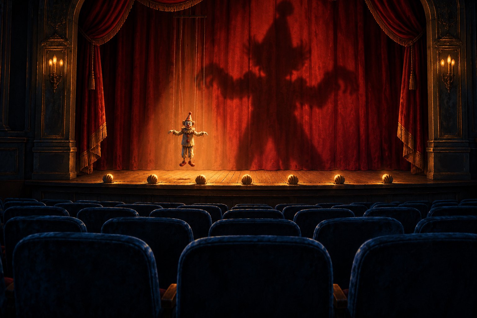 Conceptual illustration of a clown marionette casting an oversized shadow on a red curtain beyond empty theater seats.