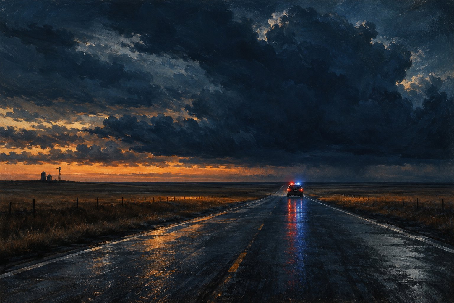 Conceptual illustration of a patrol vehicle on a wet prairie highway beneath dark clouds at dusk.