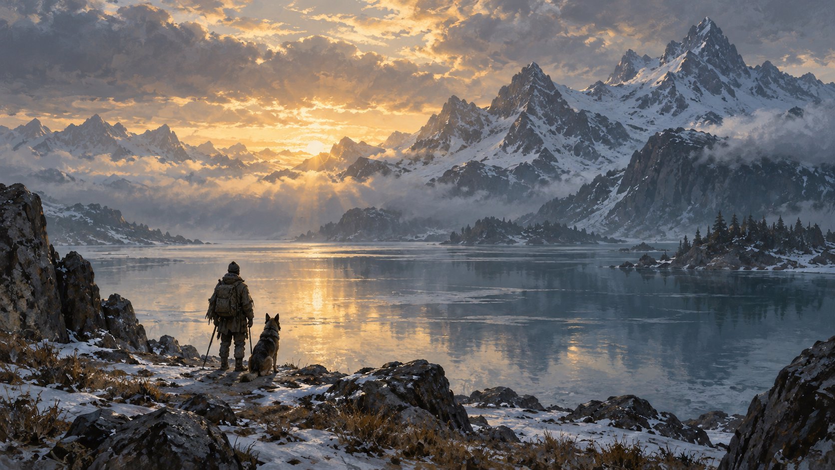 旅人與牧羊犬並肩望向晨光中的群山湖泊，象徵孤寂與陪伴的原創意象插畫，非電影劇照