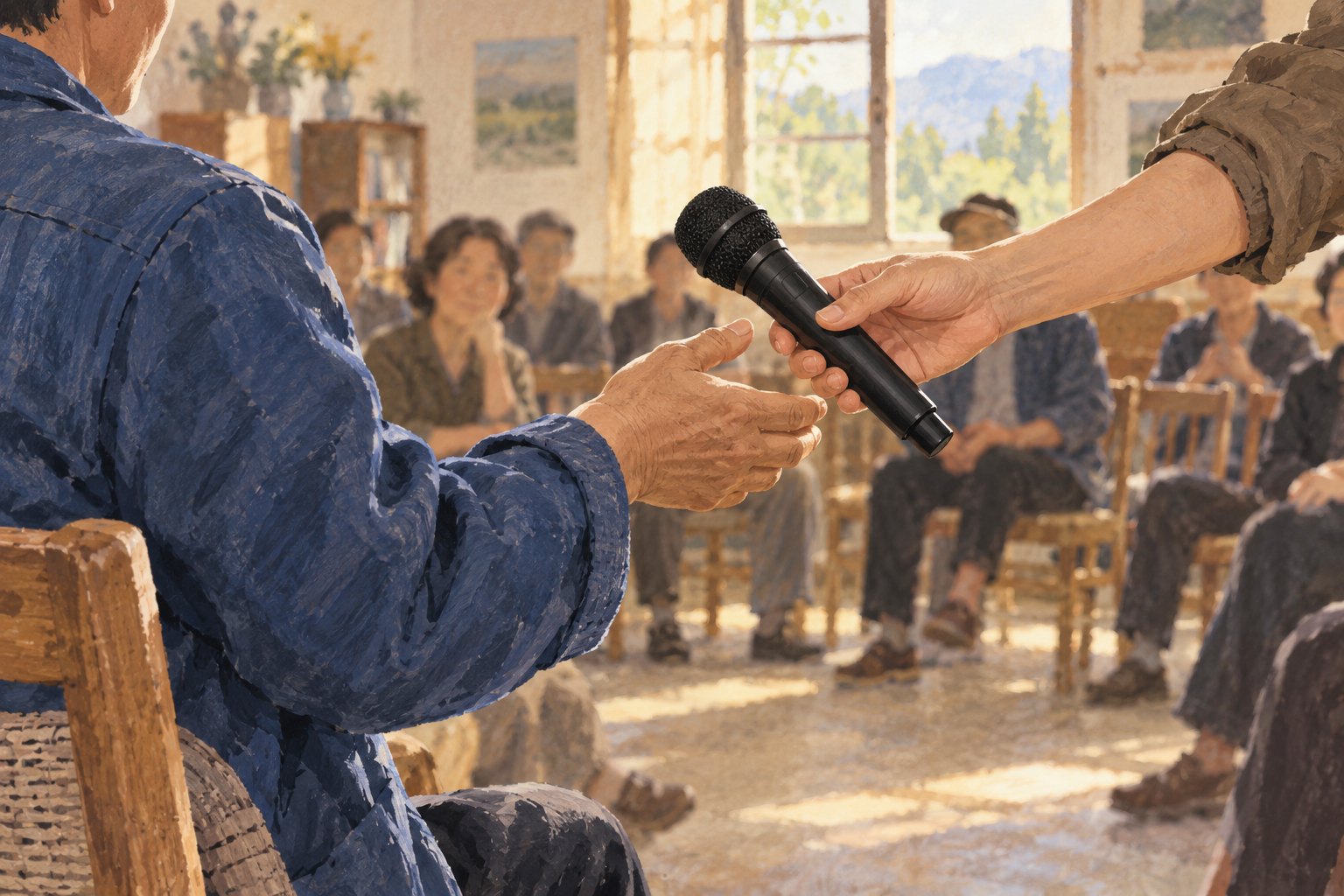 乡村文化活动室内,话筒递向普通观众的交流主题插画,非活动实拍