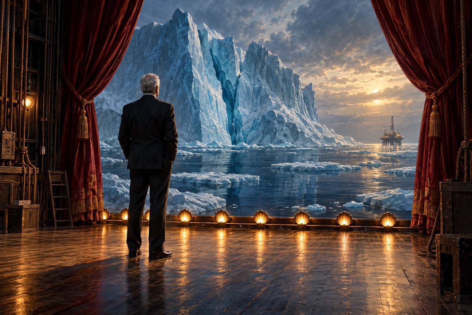 Conceptual illustration of a silver-haired man on a theater stage facing an Arctic iceberg and a distant oil platform.