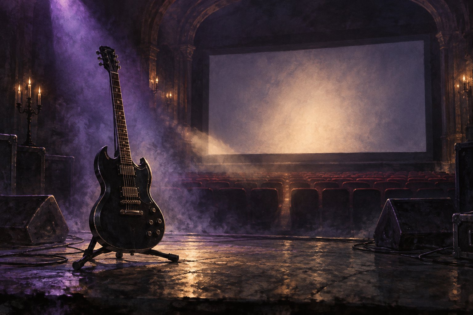 Illustration of a black electric guitar on an empty stage facing a glowing cinema screen under violet and amber light.