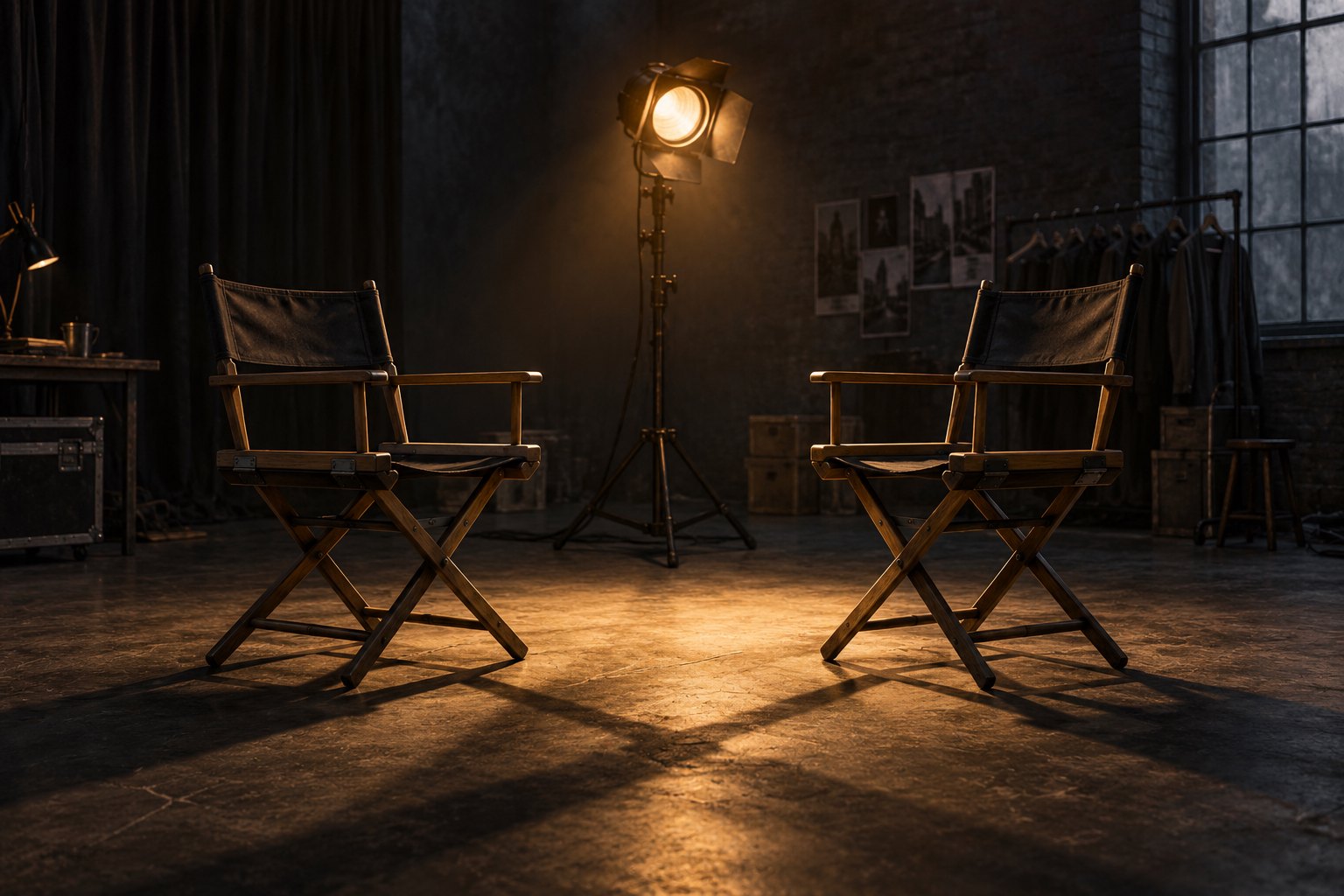 Conceptual illustration of two empty director’s chairs facing each other beneath a warm studio light.