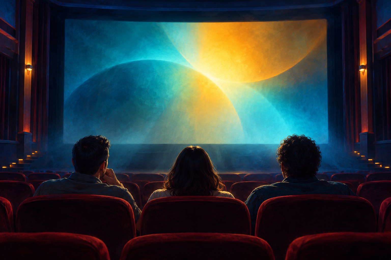 Conceptual illustration of three viewers in red theater seats facing a screen filled with abstract teal and amber light.