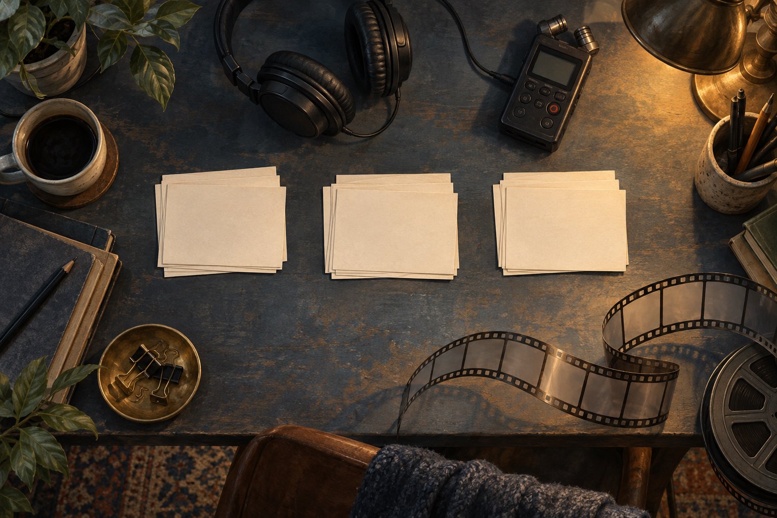 Conceptual illustration of blank index cards, headphones, an audio recorder, and a filmstrip arranged on an editing desk.