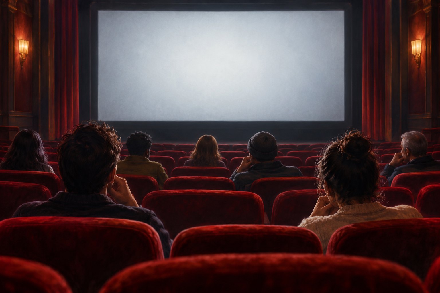 Conceptual illustration of moviegoers seated in red velvet chairs facing a softly glowing blank cinema screen.