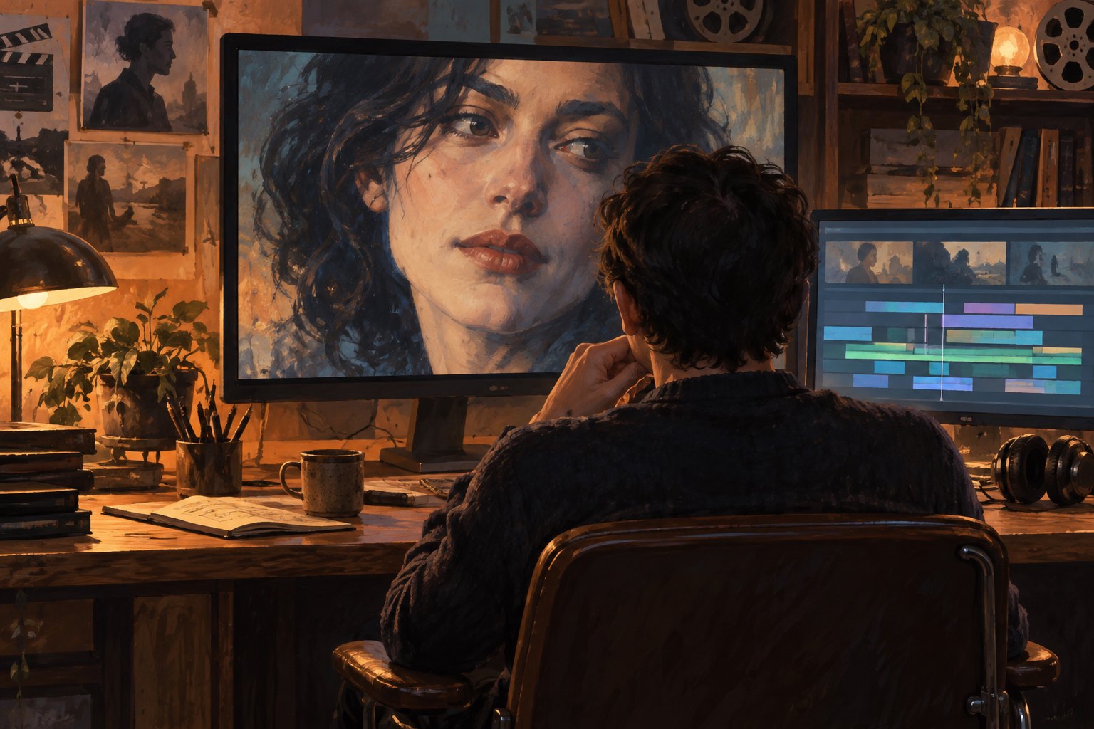 Conceptual illustration of a film editor studying a fictional woman's expression beside an editing timeline.