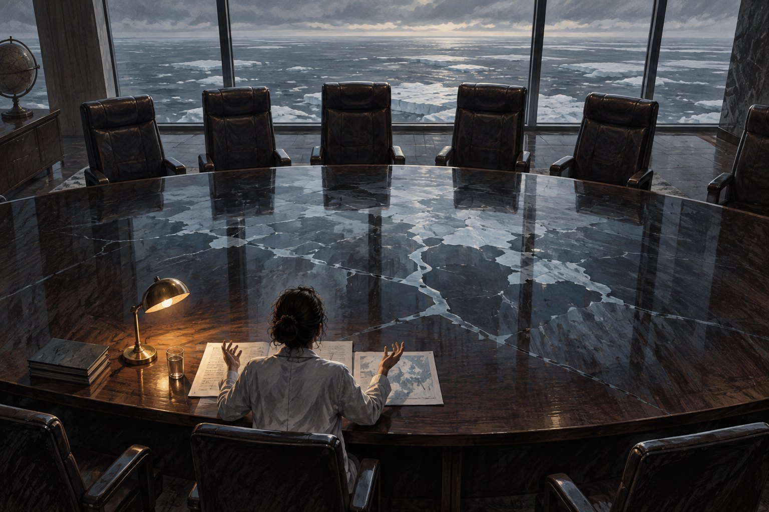 Conceptual illustration of a scientist facing empty executive chairs across a boardroom table reflecting fractured Arctic ice.