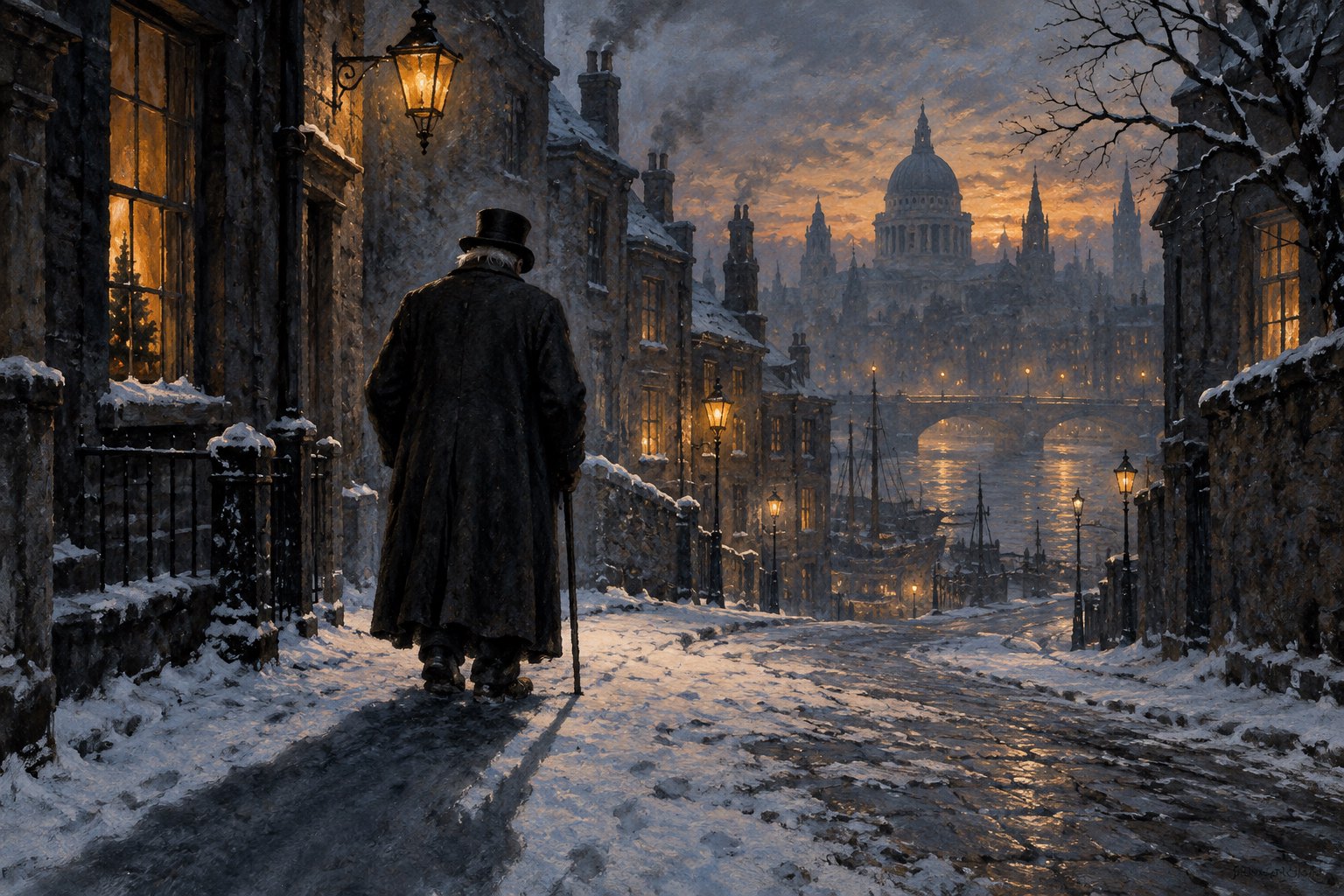 Literary illustration of an elderly Victorian man overlooking a snowy London street at dusk.