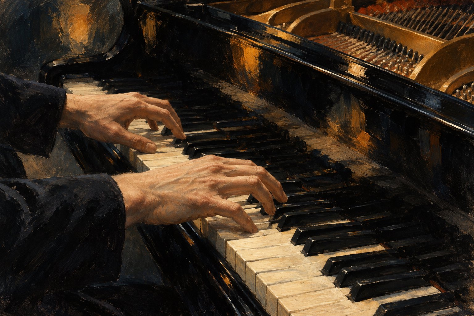 Conceptual painting of a pianist’s hands on ivory keys beside the exposed strings of a grand piano.