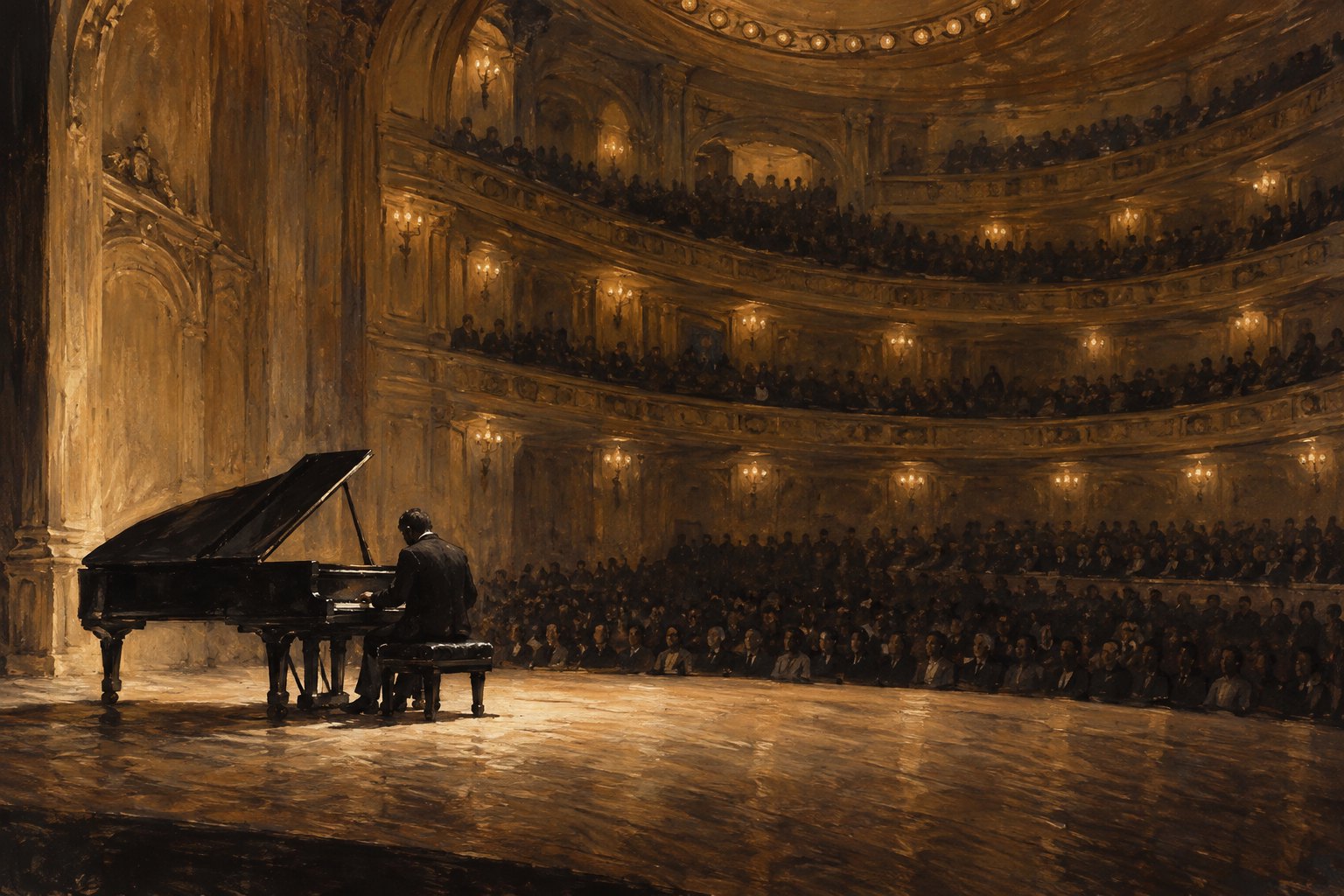 Conceptual painting of a lone pianist at a grand piano facing an audience in a warmly lit concert hall.