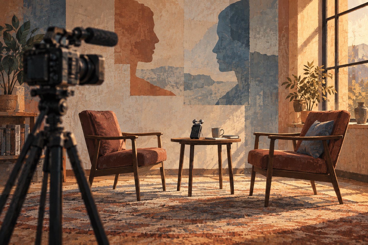 Conceptual illustration of two empty interview chairs, an audio recorder, and a camera in a warmly lit room.