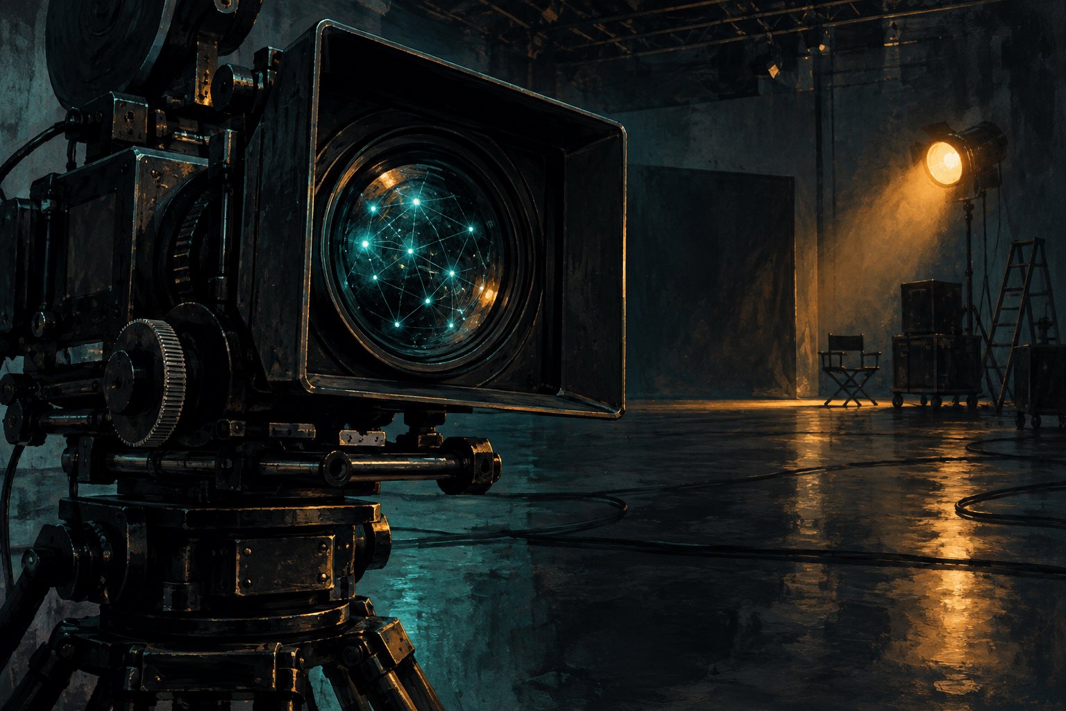 Conceptual illustration of a cinema camera reflecting a blue network of light in an amber-lit film studio.