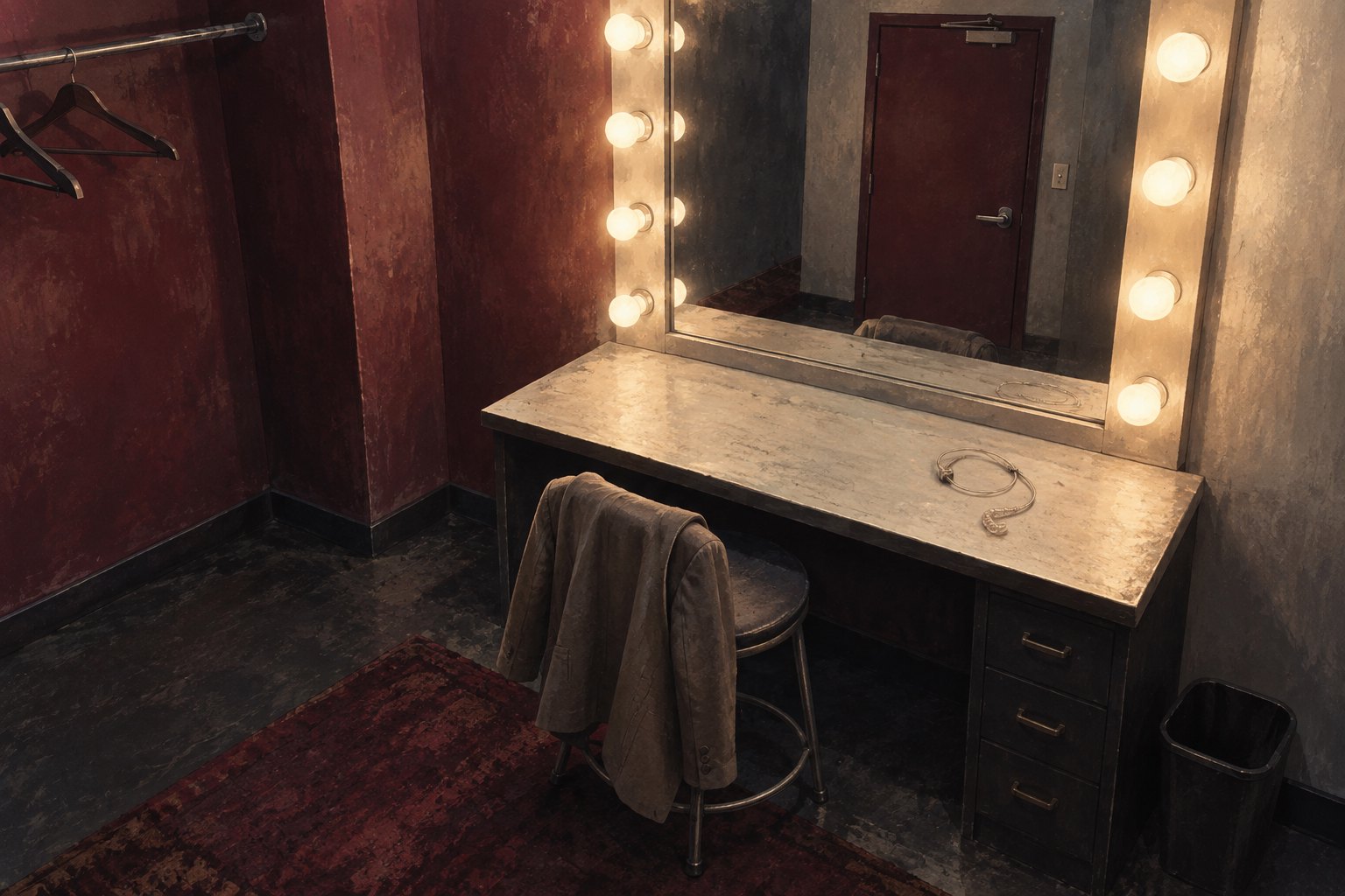 Conceptual illustration of an empty dressing room with a jacket draped over a stool beside a lit mirror and coiled earpiece.