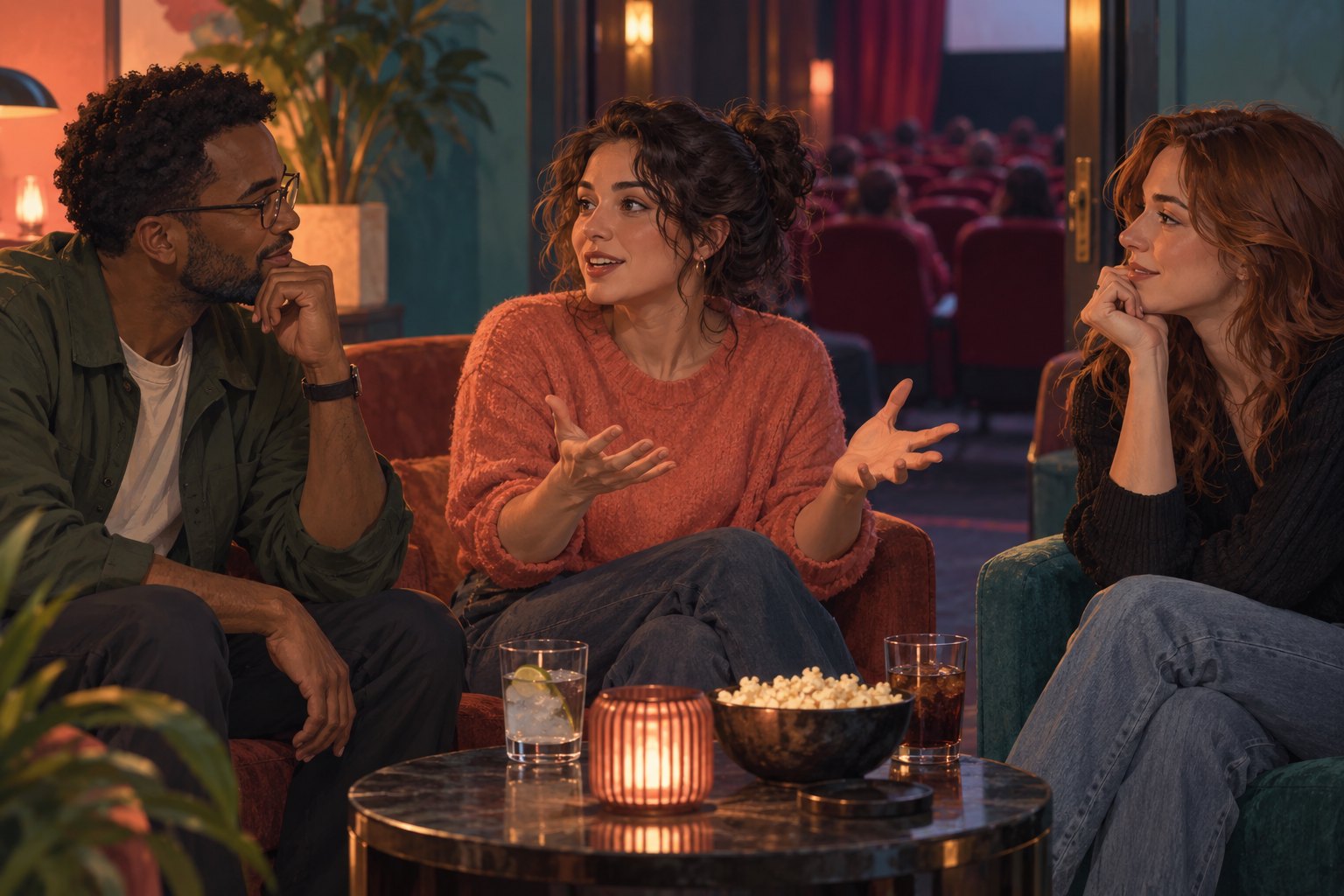 Illustration of three friends discussing a movie in a warmly lit cinema lounge.
