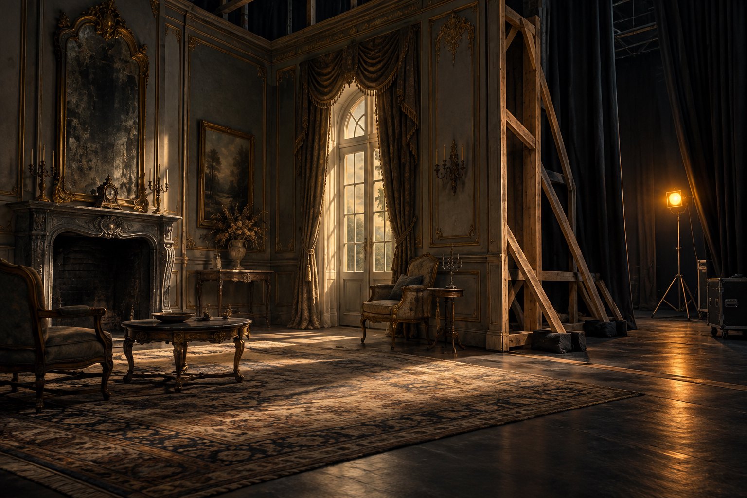 Conceptual illustration of an ornate mansion set with exposed wooden supports, dark theater curtains, and an amber work light.