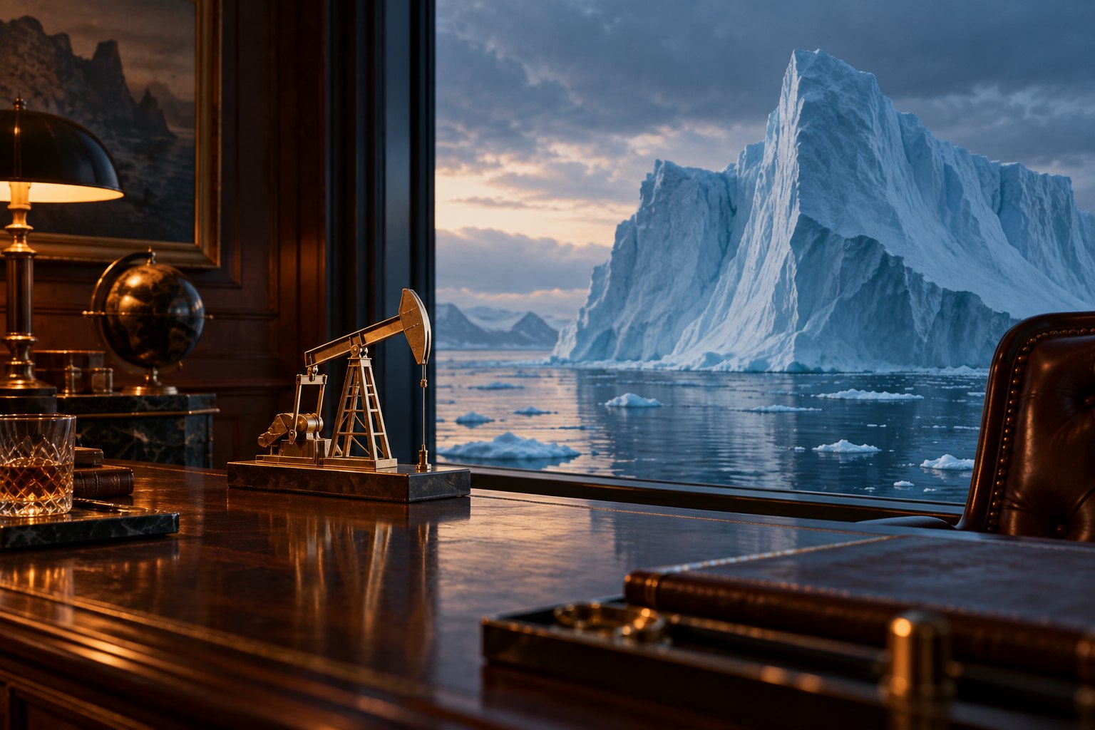 Conceptual illustration of a brass oil pump on a polished desk facing an enormous iceberg beyond a window.