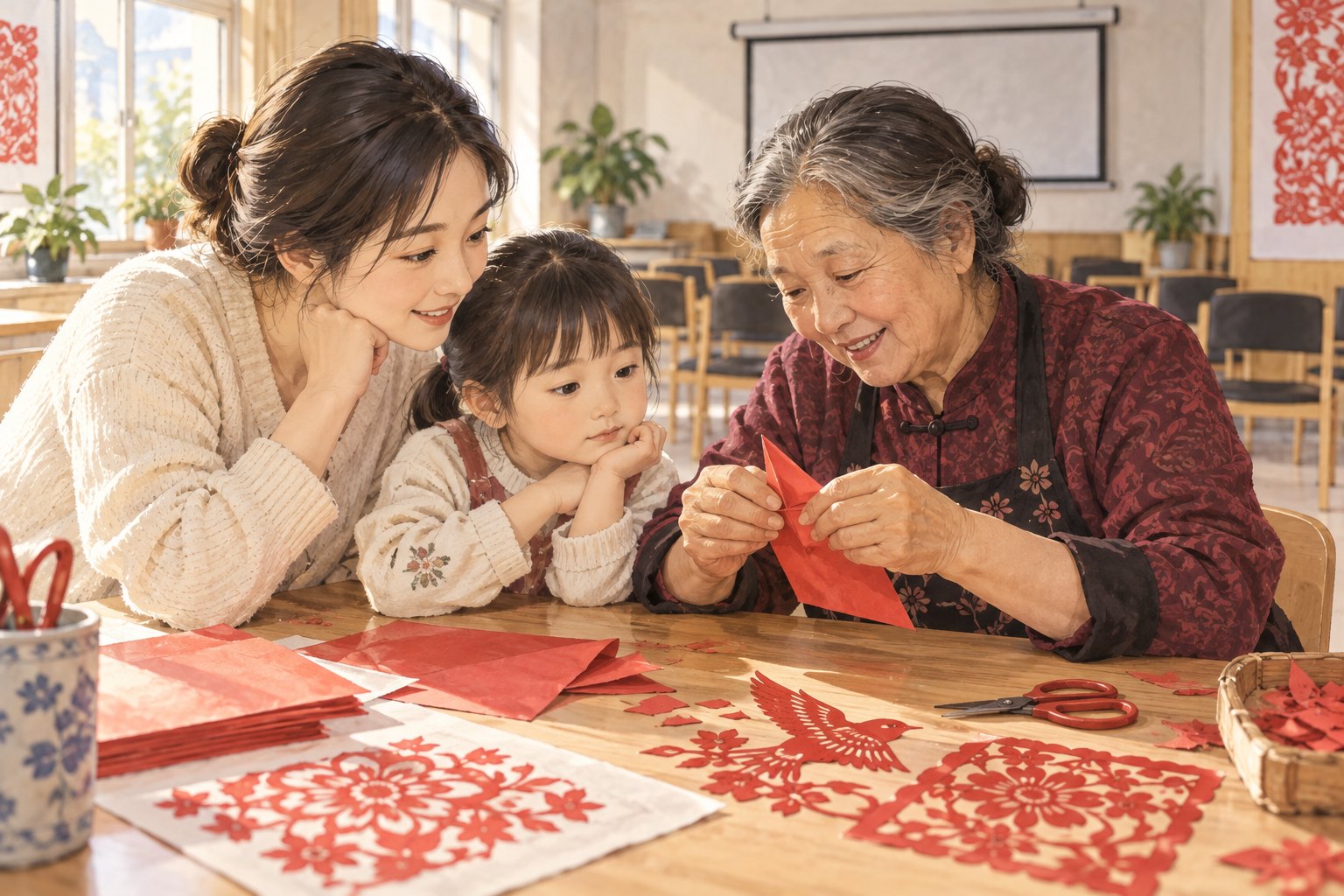 概念插画：社区活动室内，年长手艺人向成人和孩子示范折纸，桌上摆放花鸟剪纸