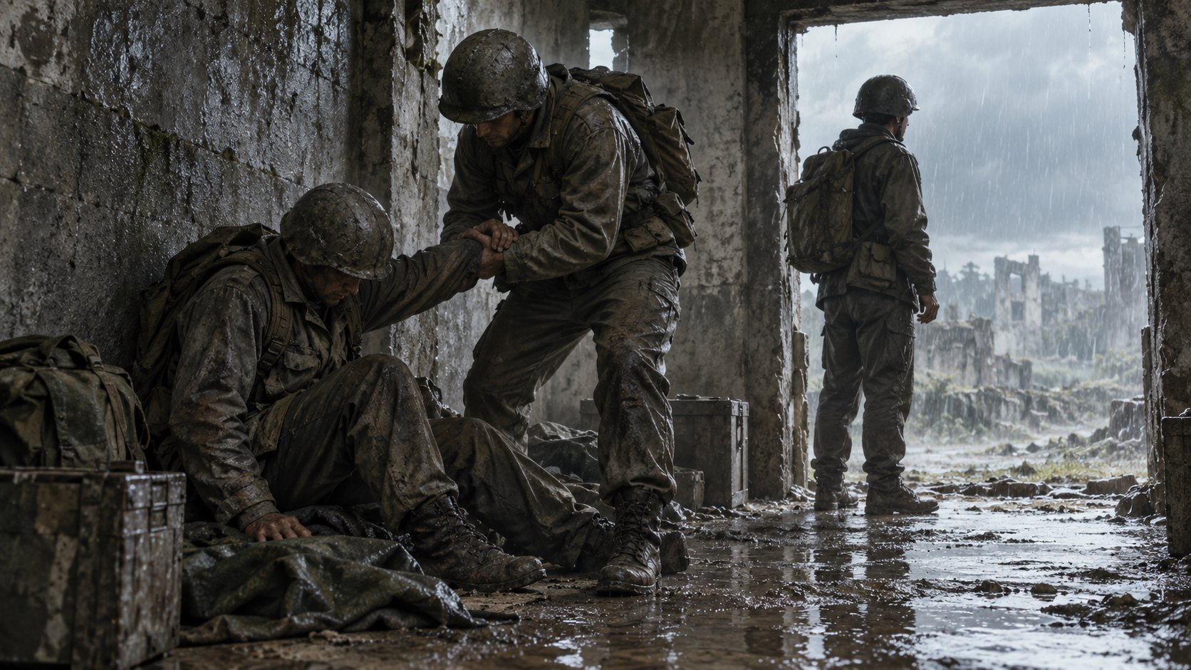 原創概念插畫:雨中的混凝土掩體內,一名軍人扶起疲憊同伴,另一人留意門外