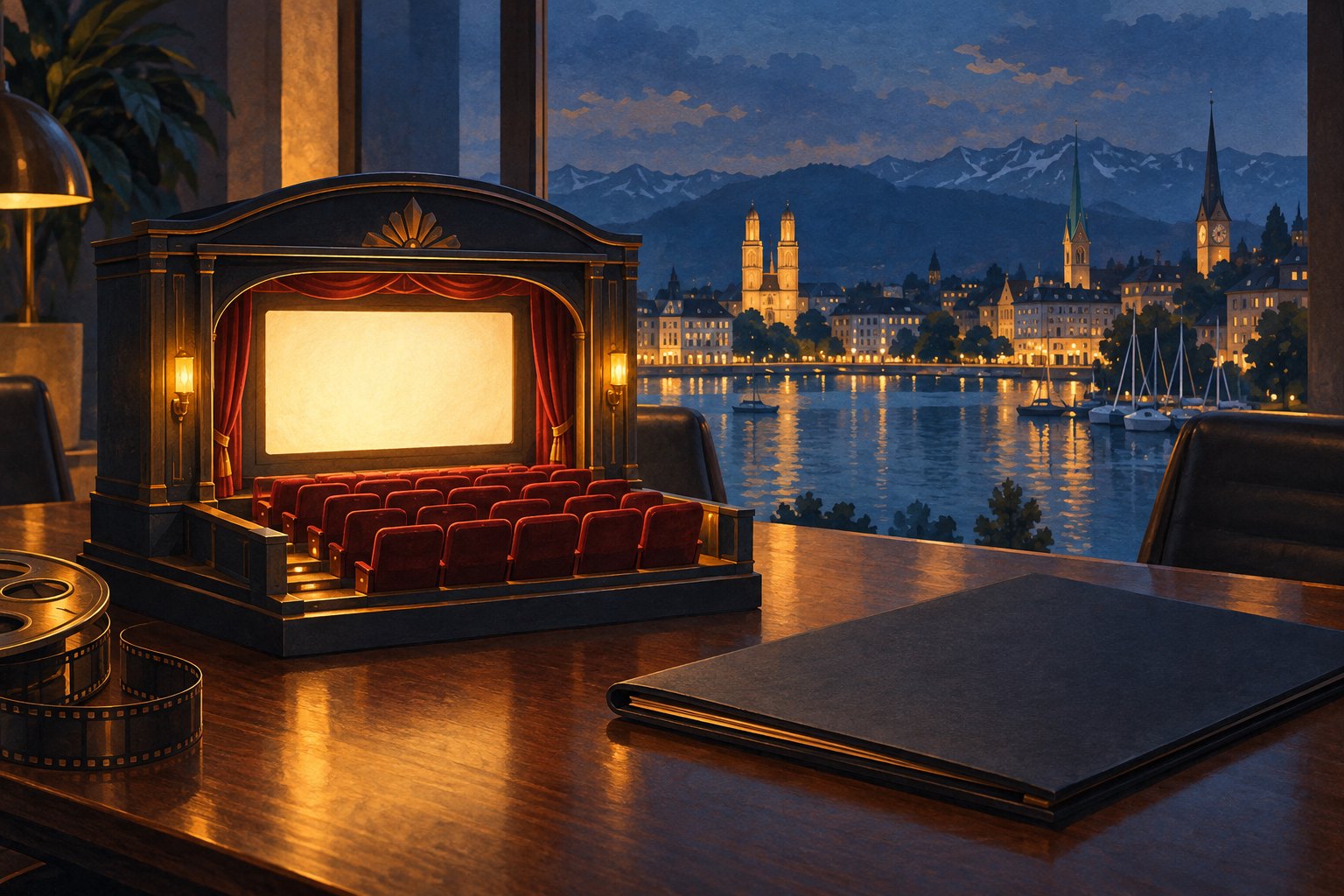 Conceptual illustration of a miniature cinema on a conference table overlooking a stylized Zurich waterfront.