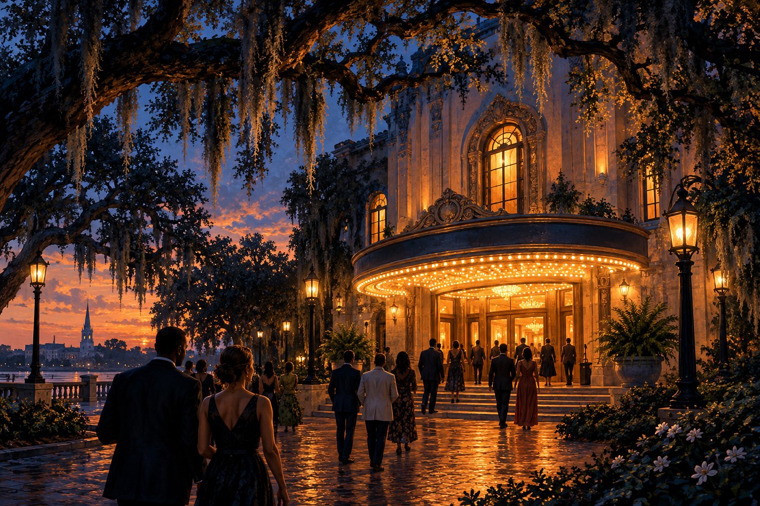 Conceptual illustration of moviegoers approaching a warmly lit Southern cinema beneath oak branches and Spanish moss at dusk.