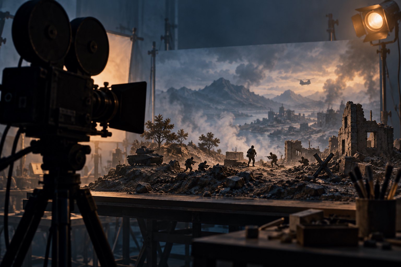 Conceptual illustration of a film camera overlooking a miniature battlefield on a studio table.