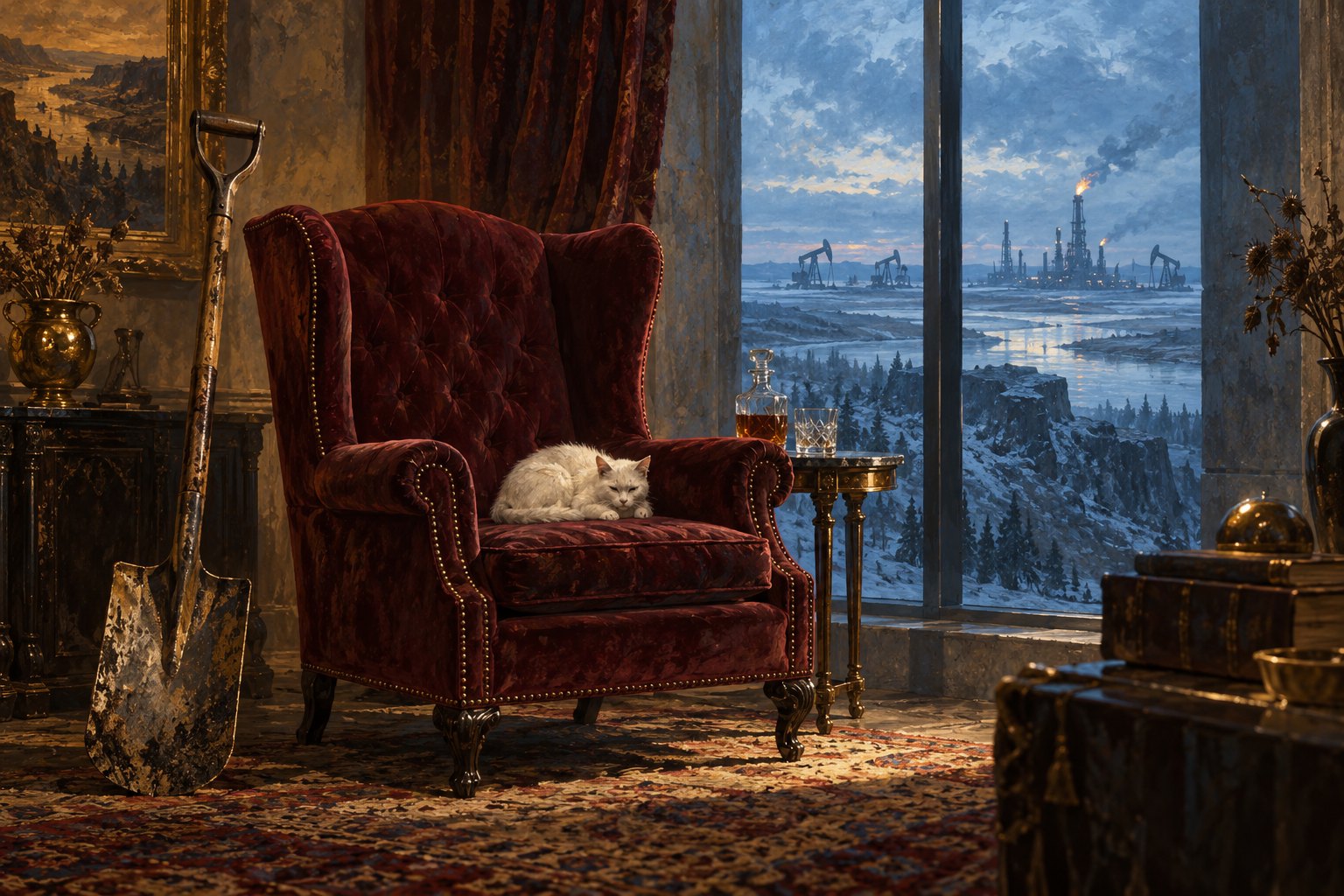 Conceptual illustration of a white cat on a burgundy armchair beside a shovel, with oil infrastructure beyond a wintry window; not a film still.
