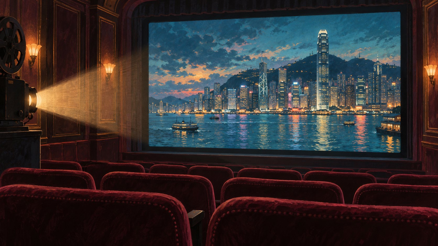 概念插畫:酒紅色座椅面向映出香港城市夜景的銀幕,呈現香港電影與海外觀眾相遇的意象