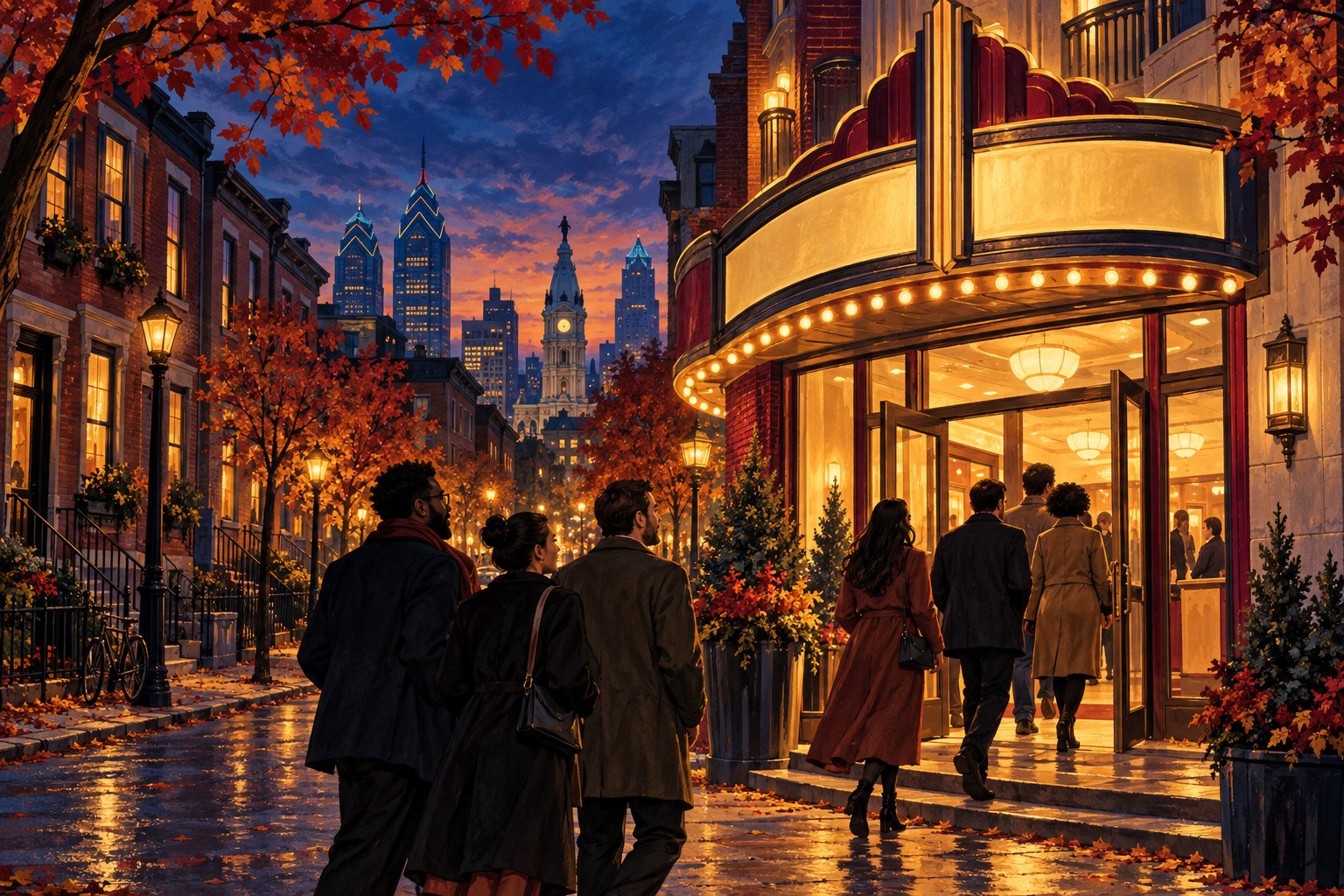 An editorial illustration of moviegoers approaching an imagined Philadelphia cinema beneath autumn trees at dusk.