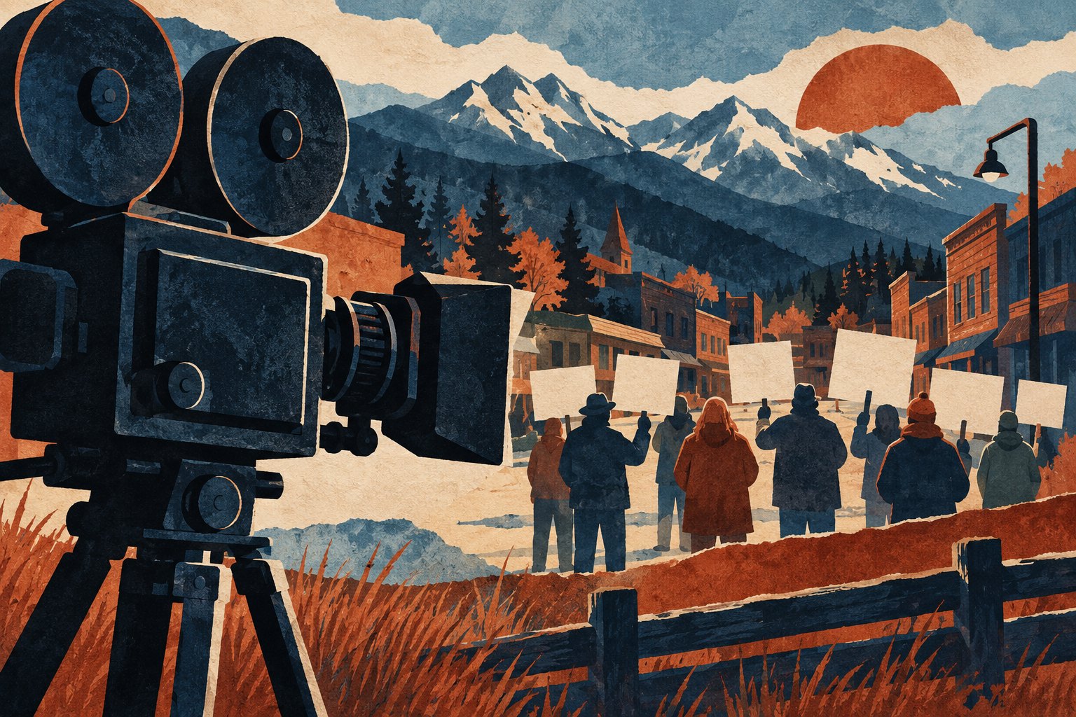 Conceptual illustration of a movie camera overlooking anonymous demonstrators with blank placards in a Montana-inspired mountain town.