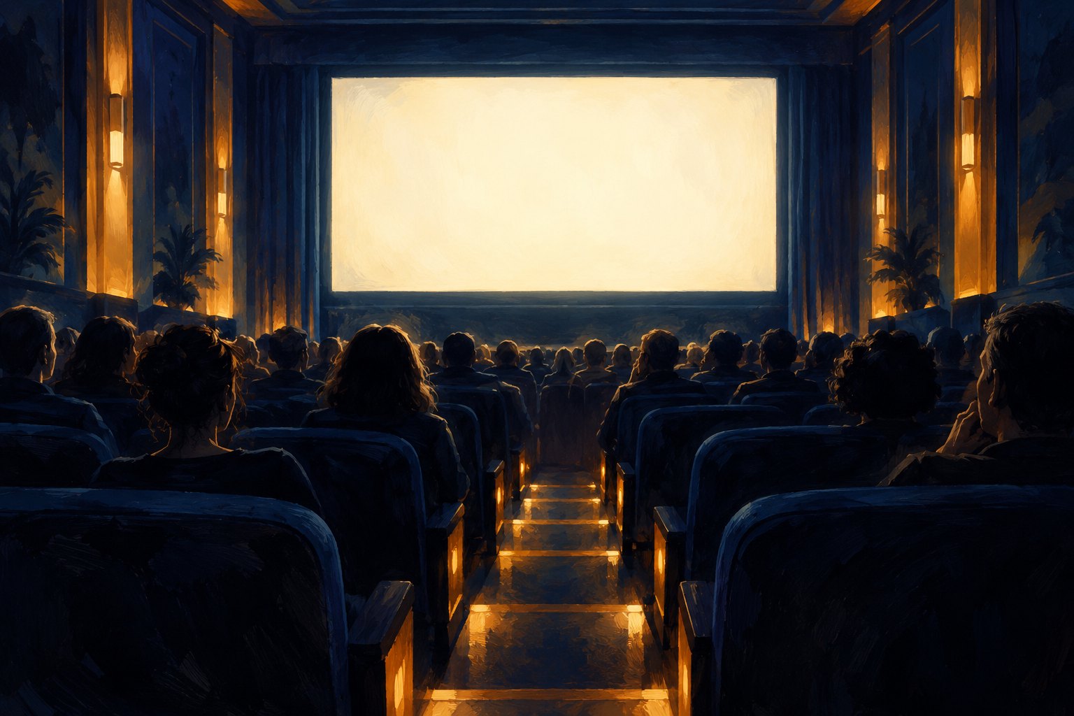 Conceptual illustration of an audience facing a glowing blank cinema screen in a dark auditorium.