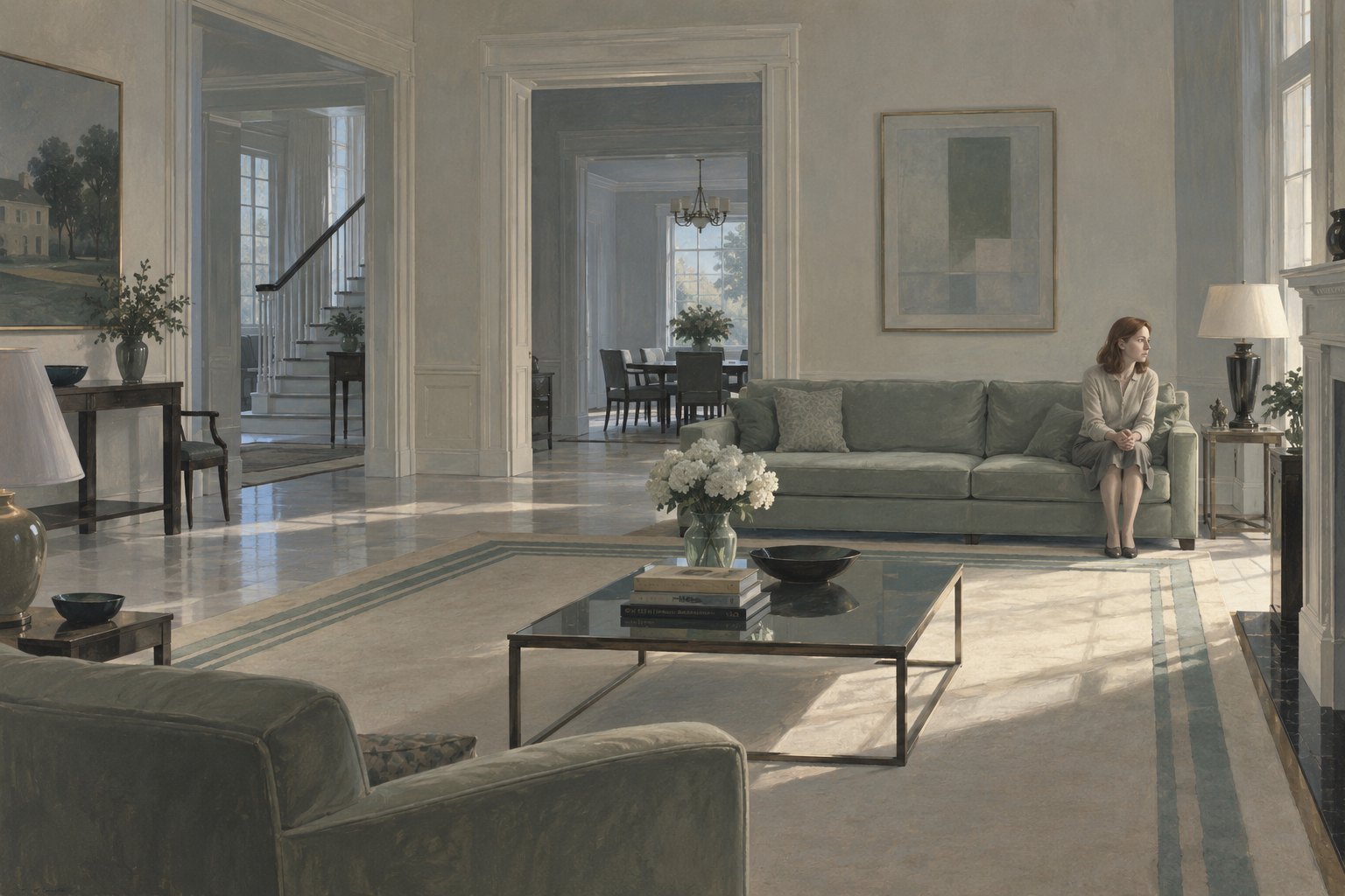 Conceptual illustration of an auburn-haired woman sitting quietly in an expansive suburban living room.