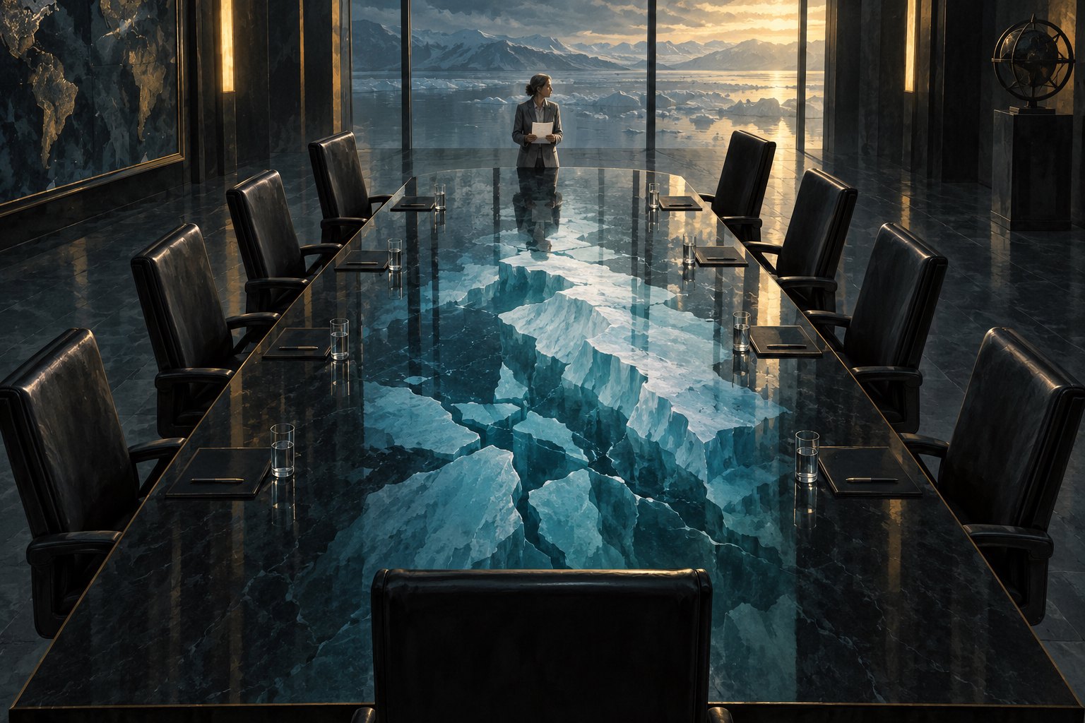 Conceptual illustration of a solitary scientist holding papers at a conference table reflecting fractured ice; not a film still.