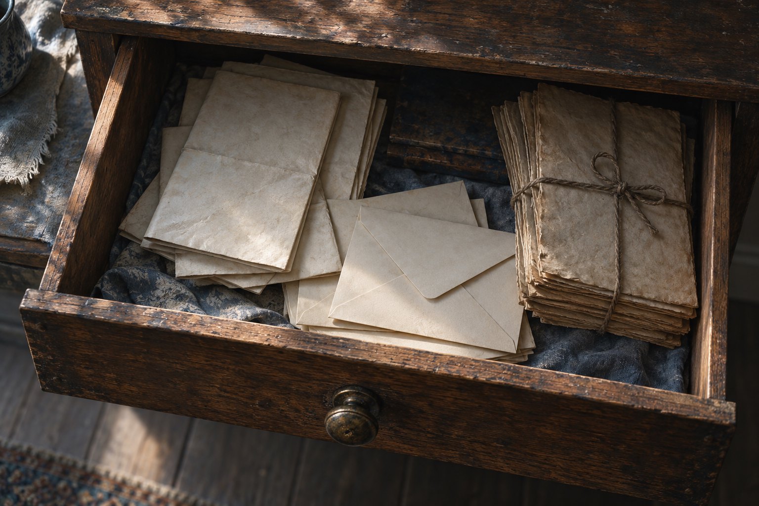 Conceptual illustration of an open wooden drawer containing unmarked envelopes and a bundle of aged papers.