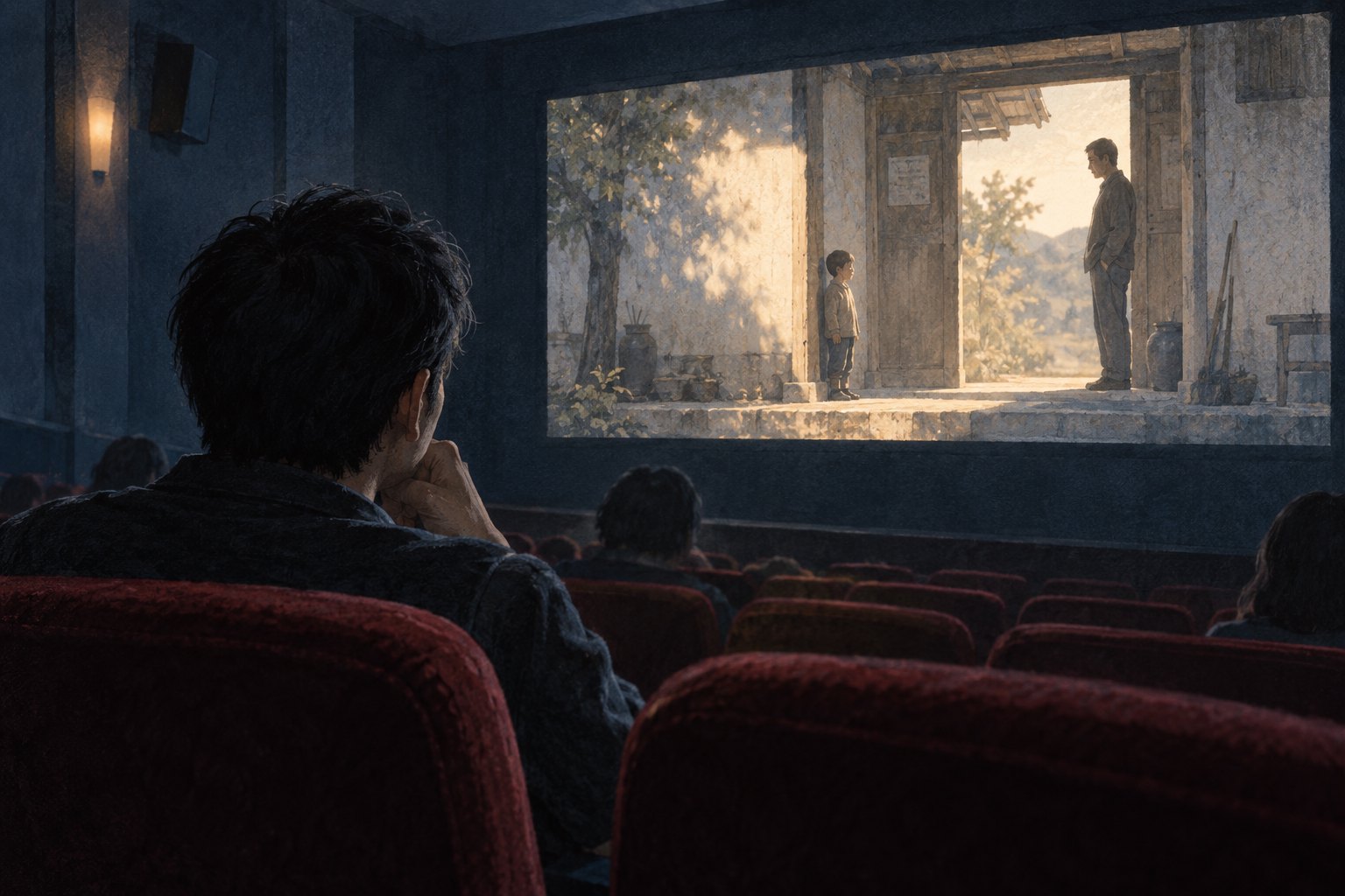观众在放映厅观看虚构父子场景的主题插画，非获奖影片剧照