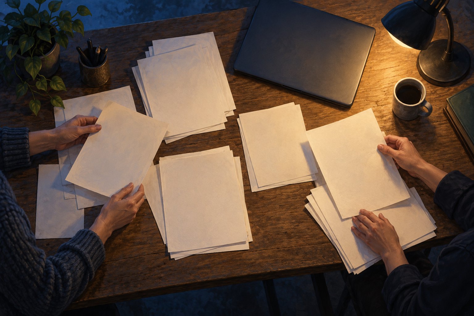 Conceptual illustration of two collaborators sorting blank papers beside a closed laptop under a desk lamp.