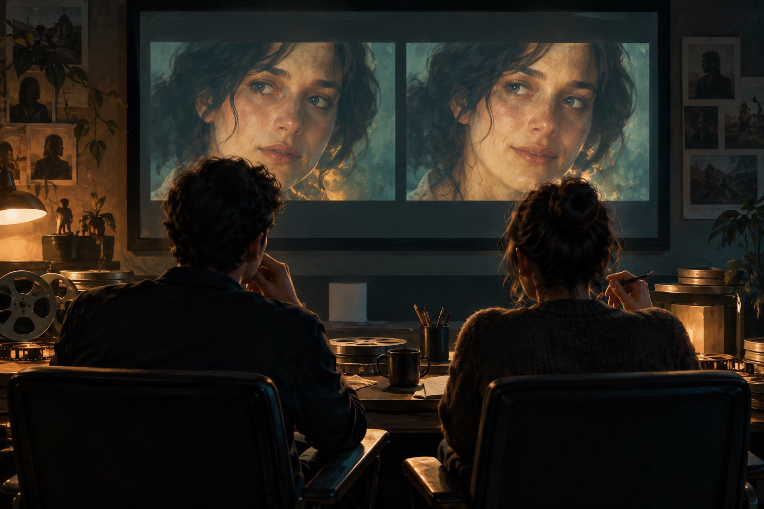 Conceptual illustration of two collaborators reviewing subtly different facial expressions on an editing-room screen.