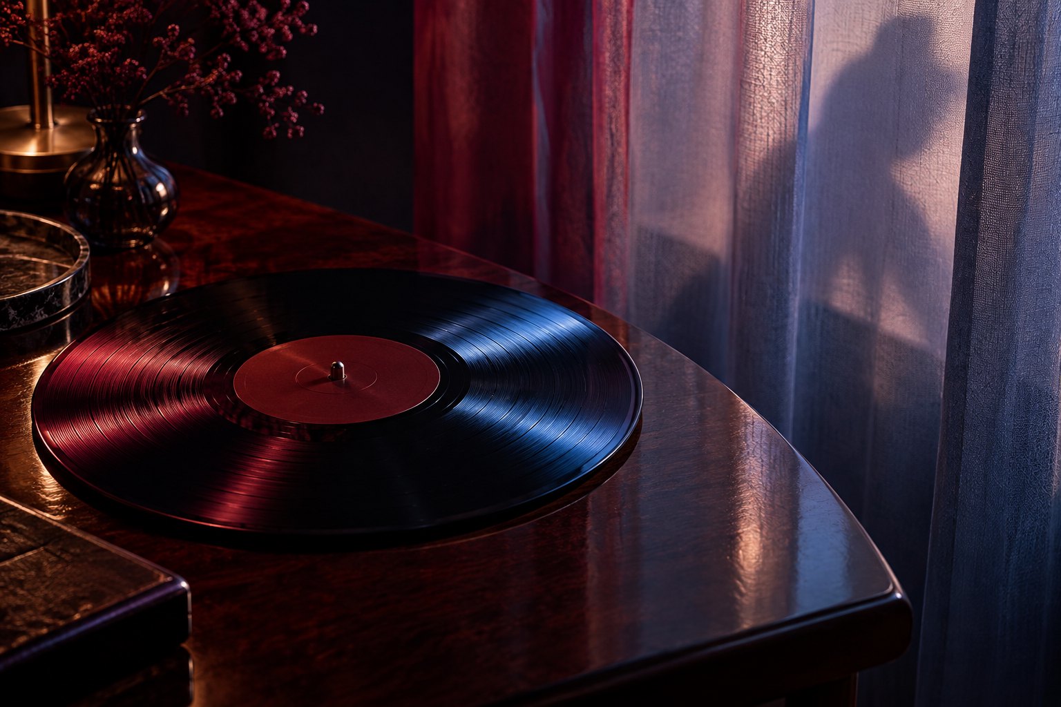 A vinyl record catches burgundy and blue light beside a sheer curtain in a shadowy room.